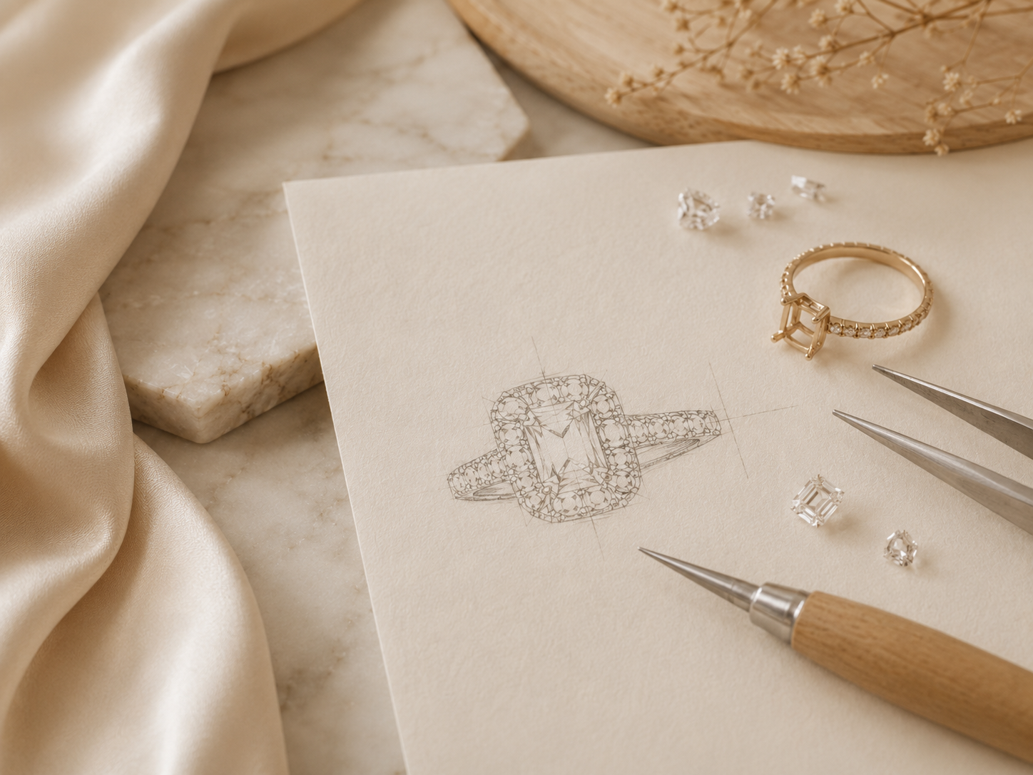 The custom design process — sketches, stones, and craftsmanship